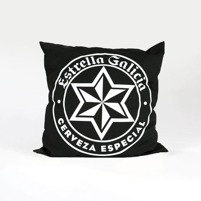 bespoke printed cushion for Estrella Galicia in black and white