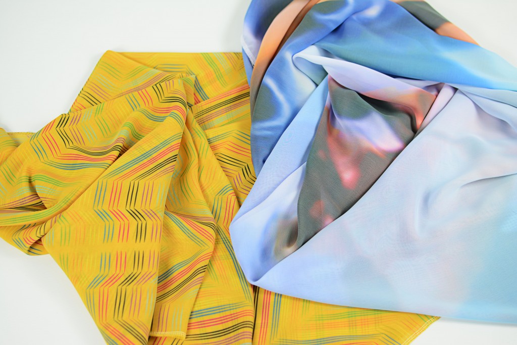 a selection of digitally bespoke printed scarves - close up in a range of colours and patterns - resize