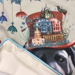 Printed cushion of a dog close up including close up of Zip