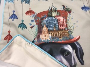Printed cushion of a dog close up including close up of Zip